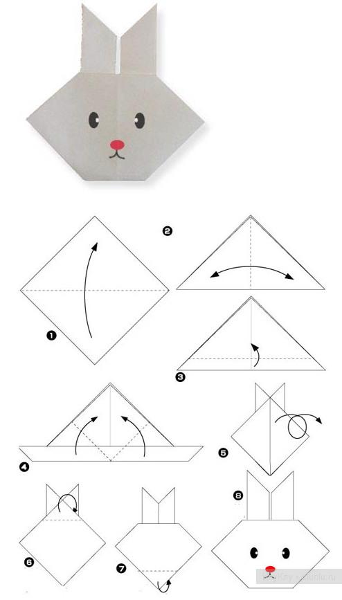 Оригами для детей - зайчик, схема сборки